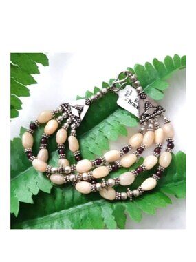 Bracelet Natural (br6) Gemstones Cream Aventurine Garnet 925 Silver 4-strand